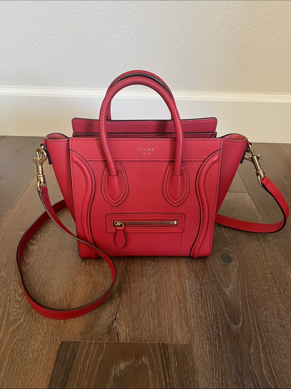 Celine Red Grained Leather Nano Luggage Tote with Shoulder Strap